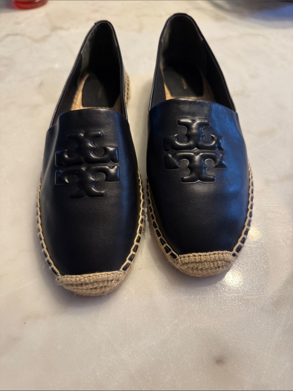 Tory Burch Black Leather Espadrille Slip-Ons with Logo - Picture 5 of 6